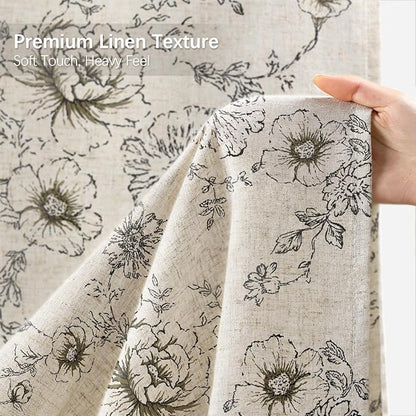 Farmhouse Floral Linen Shower Curtain, Vintage Black Pattern Rustic Shower Curtains for Bathroom, Tan Taupe,72x96