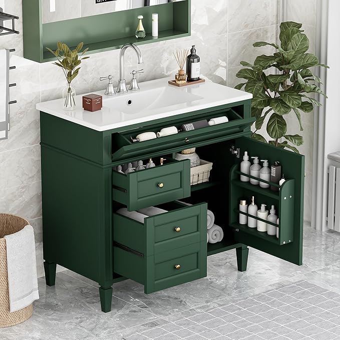 Merax 36 Inch Bathroom Vanity with Top Sink, Modern Bathroom Storage Cabinet with 2 Drawers and a Tip-Out Drawer, Solid Wood Frame Single Sink Bath Vanities, Green
