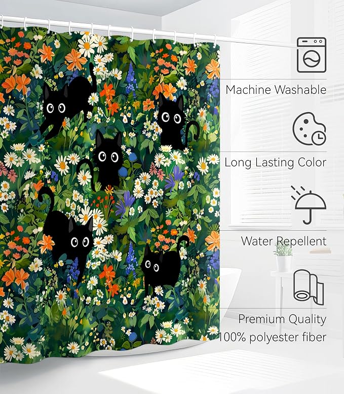 Shower Curtain for Bathroom Stall Boho Modern Cute Aesthetic Decorative Girly Waterproof Unique Cats Flowers Girls Chic Print Design Teen Pretty Women Cortinas de Baño Bathtub 72 x72 Inch