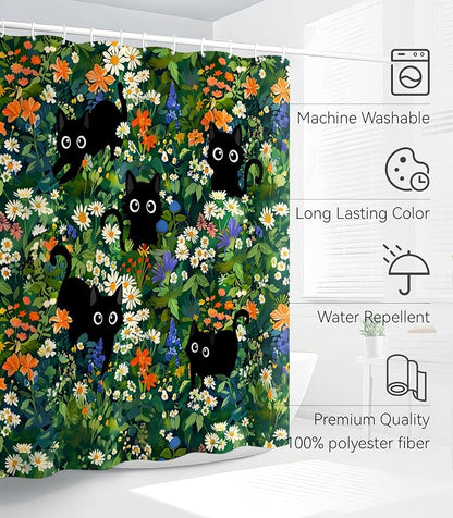 Shower Curtain for Bathroom Stall Boho Modern Cute Aesthetic Decorative Girly Waterproof Unique Cats Flowers Girls Chic Print Design Teen Pretty Women Cortinas de Baño Bathtub 72 x72 Inch