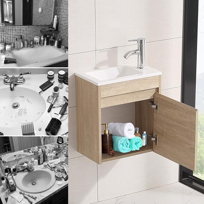 wonline 16" Single Sink Bathroom Vanity, Floating Modern Bathroom Vanity with Sink for Small Space