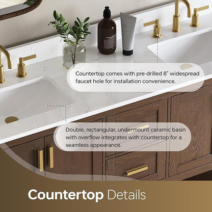 60 Inch Bathroom Vanity with Double Sink, Walnut | Farmhouse Bathroom Vanity with 2 Dovetail Drawers & Open Shelf, Engineered Stone Countertop with Backsplash, Fully Assembled