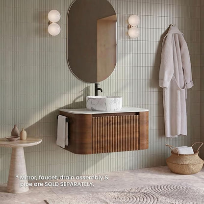 30" Preassembled Floating Bathroom Vanity with Carrara Finish Sink, Walnut | Mid-Century Modern Style, Fluted & Soft-Close Drawer with U-shaped Wall, Sinterted Stone Countertop, Towel Rack Included