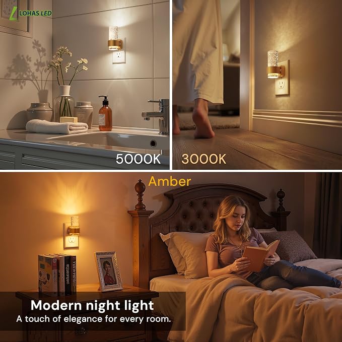 L LOHAS LED Night Lights Plug into Wall, 4 Pack Mini Dimmable Night Light | Dusk-to-Dawn, Soft White/Cool White/Amber 3 Light Color, 0-100LM Adjustable Brightness, Bubble Nightlight for Hallway