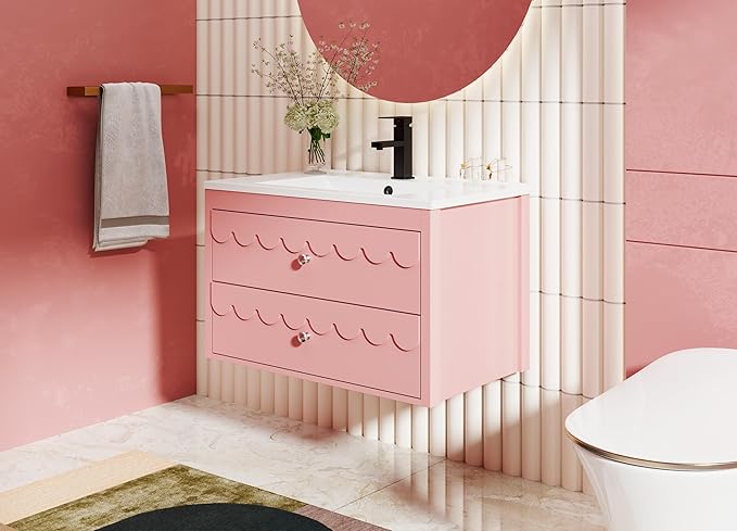 eclife 30" Floating Bathroom Vanity with Sink Combo, Modern Painted Wall-Mounted Vanities Storage Cabinet with Scalloped Decor, Undermount Basin, Faucet, Drain, Pink