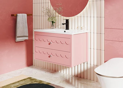 eclife 30" Floating Bathroom Vanity with Sink Combo, Modern Painted Wall-Mounted Vanities Storage Cabinet with Scalloped Decor, Undermount Basin, Faucet, Drain, Pink