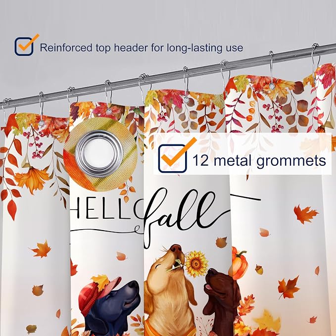 Fall Shower Curtain Set Autumn Pumpkin Leaves Dog Shower Curtains Rustic Waterproof Fabric Bath Curtains with 12 Hooks for Fall Home Bathroom Decor, 72 x 72 Inches