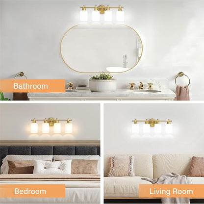 23'' 4-Light Bathroom Vanity Light, Brushed Gold Vanity Light Fixture | Modern Gold Wall Sconce with White Glass Shade, Anti-Rust Vanity Light for Bathroom over Mirror/Sink (E26, Bulb Not Include)