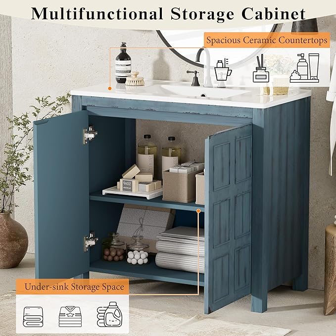 36" Bathroom Vanity Organizer with Ceramic Sink, Set Bathroom Storage Cabinet, Retro Blue