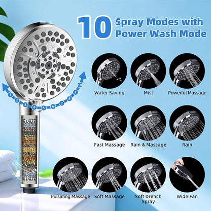 12” Metal Rain Shower Head with Handheld, 10-Mode with Filter, Easy Reach | Chrome, High-Pressure Rainfall Showerhead, Upgraded 4-Way Diverter Pause Mode, Adjustable 16" Extension Arm/71" Hose/Holder
