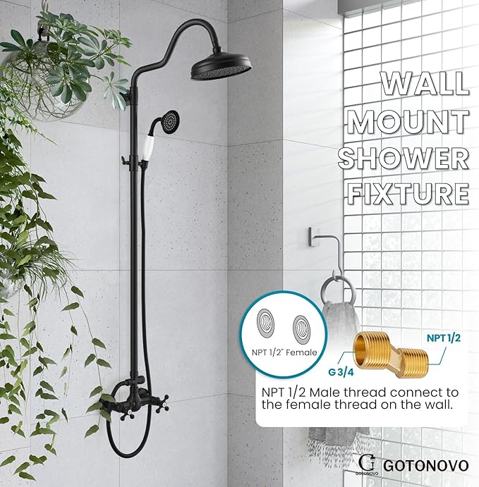 gotonovo Luxury Exposed Shower Faucet Set Bathroom Shower System 8 Inch Wall Mount Rainfall Shower Head with Handheld Spray Cross Double Handle Shower Fixture Adjustable Arc Rod Matte Black