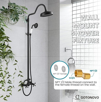 gotonovo Luxury Exposed Shower Faucet Set Bathroom Shower System 8 Inch Wall Mount Rainfall Shower Head with Handheld Spray Cross Double Handle Shower Fixture Adjustable Arc Rod Matte Black