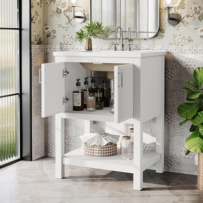 Tribesigns 48" Bathroom Vanity with Sink, Modern Freestanding Vanity with Ceramic Porcelain Basin, 2-Door Storage Cabinet & Open Shelf for Small Bathroom, Industrial, White