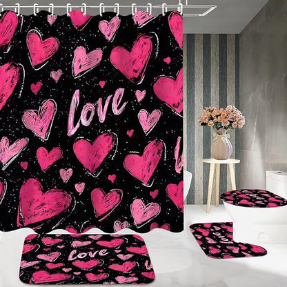 DDQQ 4 Pcs Pink Heart Shower Curtain Set Love Bathroom Sets with Shower Curtain and Rugs Romantic Bathroom Decor Accessories Bathroom Rugs Toilet Lid Cover with Hooks
