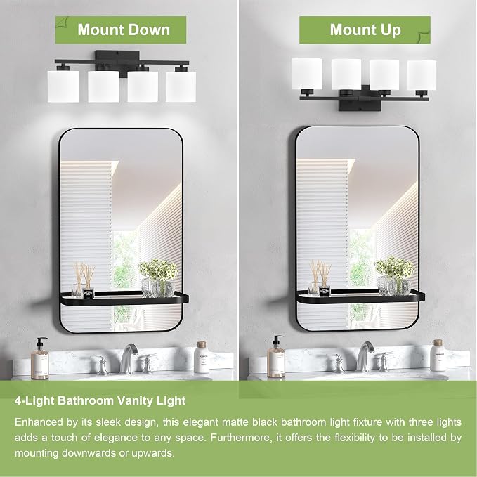 Honesorn 4-Light Vanity Lights, Matte Black Bathroom Light Fixtures | Black Bathroom Vanity Light, Wall Sconces with Milky White Frosted Shades Bedroom,E26 Socket(Bulbs Not Included)