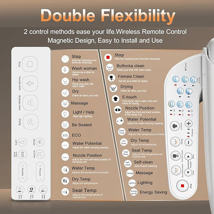 KERDE P30B Bidet Toilet Seat - Dual Control (Side Panel & Remote), Warm Water Wash, Heated Seat, Warm Air Dryer, LED Night Light,Existing Toilets Electric Bidet Elongated Electronic Heated Smart