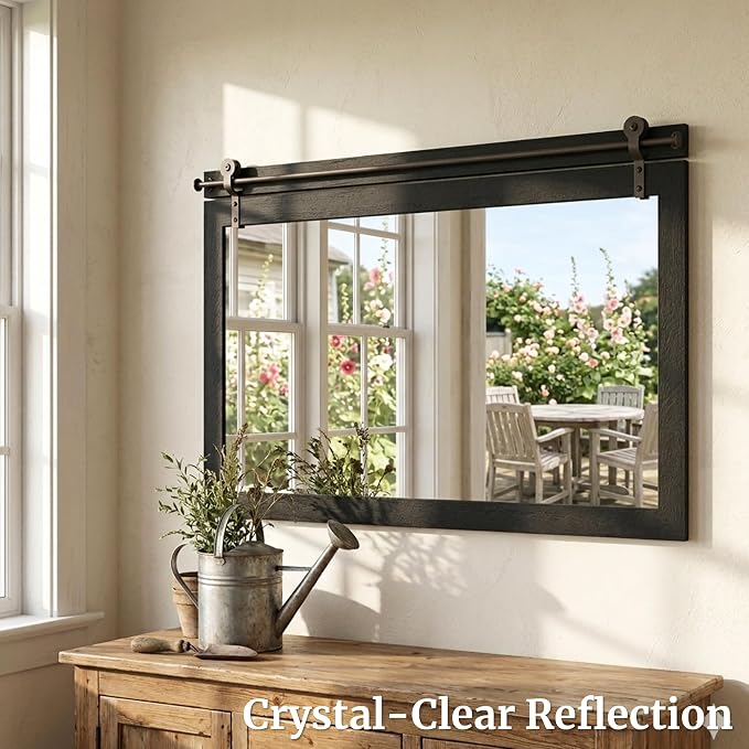27"x49" Black Wood Grain Barn Door Wall Mirror with Wood Header | 100% solid wood, HD tempered glass, bronze-tone iron rail; large farmhouse wall mirror for double vanity, mantel, entryway
