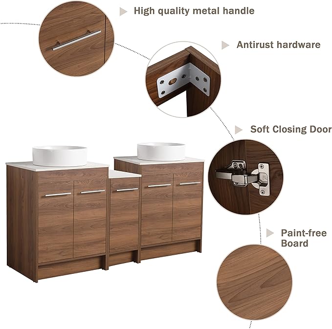 60" Bathroom Vanity with Ceramic Vessel Sink, 60 Inch Freestanding Double Sink Bathroom Vanity Combo, Brown Modern Floor Stand Cabinet Set (BRE400, 60 * 18)