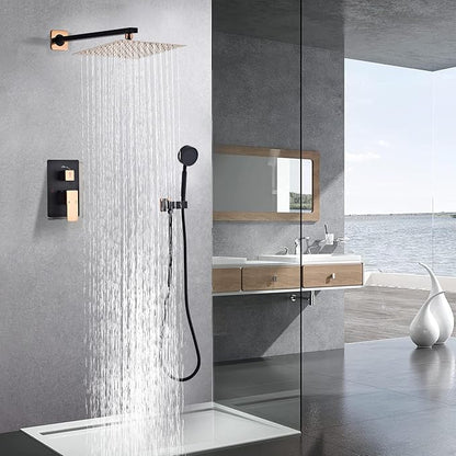 Black Gold Rainfall Shower Head, Wall Mounted 8 Inch Shower Heads with Handheld Spray Combo, Luxury Bathroom Square Rain Shower System, Solid Brass Pressure Balancd Shower Faucet Valve