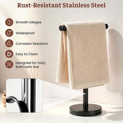 Hand Towel Holder Stand, Freestanding Bathroom Towel Rack, Black, 2 Pack | Weighted Stainless Steel Base Helps Prevent Tipping While The Open T-Shape Keeps Towels Dry on Bathroom Countertops