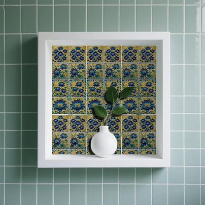 36 Pcs 4 Style Blue Flowers Tile Stickers Golden Flowers Peel and Stick Wall Tile Stickers Waterproof Self Adhesive Lotus Stick on Tiles Decals for Kitchen Bathroom Wall Art Decor, 4×4 Inch