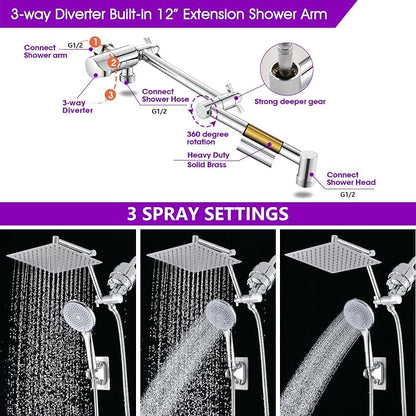 PROOX Filtered Shower Heads with Handheld Spray Combo, Rainfall Shower Head with 20 Stages Filter for Hard Water, Filtered Rain Shower Head for Hair And Skin, 12'' Adjustable Extension Arm, Chrome