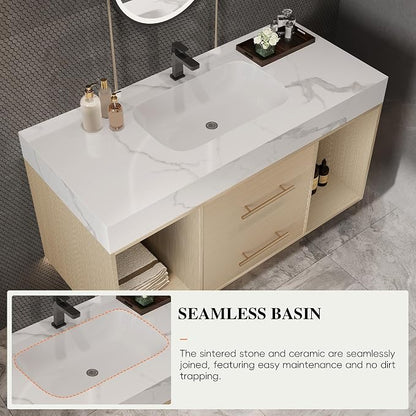 KEIKI 39.4" Bathroom Vanity with Undermount Sink Combo, Modern Floating Vanity Cabinet with 2 Drawers & Open Side Shelves, Storage Wall Mounted Cabinet for Small Space, Apricot‌