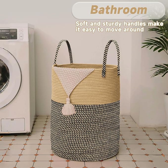 JMvicyroam 100L Cotton Rope Laundry Basket Hamper, Brown and Black | Collapsible laundry basket, reinforced handles, freestanding, machine washable, holds 3-5 thick blankets, clothes or toys