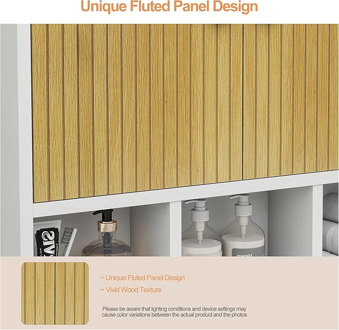 Bathroom Wall Cabinet,Wooden Medicine Cabinet with Fluted Doors Over The Toilet Storage Cabinet with Adjustable Shelf for Bathroom,White