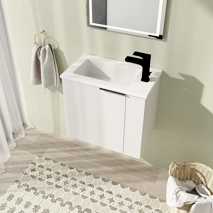 22" Bathroom Vanity with Sink, 22 Inch Floating Bathroom Vanity for Small Space, Modern Bathroom Vanity, White Wall Mounted Cabinet Set（002）