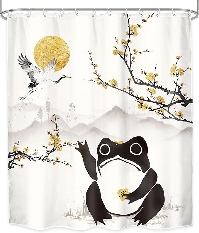 LGhtyro Funny Frog Shower Curtain Bathroom Set 60Wx71H Inches Asian Style Traditional Japanese Golden Plum Blossom Landscape Scenery Bath Accessories Sun Mountain Art Home Decor Fabric 12 Pack Hooks