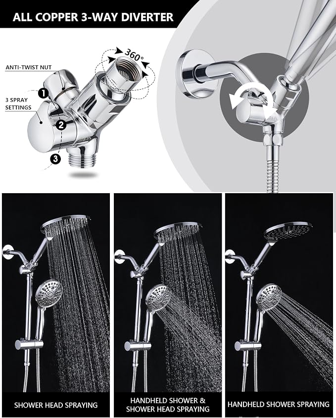 PDPBath High Pressure Rainfall Shower Head with Handheld Combo, 10 Setting Handheld Shower Head, Dual Handheld Shower Head Combo with Slide Bar for Easy Reach, Chrome