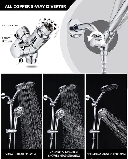 PDPBath High Pressure Rainfall Shower Head with Handheld Combo, 10 Setting Handheld Shower Head, Dual Handheld Shower Head Combo with Slide Bar for Easy Reach, Chrome