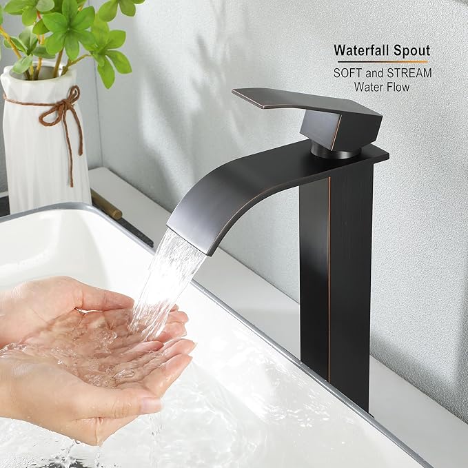 Oil Rubbed Bronze Bathroom Vessel Sink Faucet, JXMMP Single Hole Waterfall Bathroom Faucet with Supply Hose and Pop Up Drain Assembly, Tall Waterfall Faucet for Bathroom Sink, JXM1221ORB
