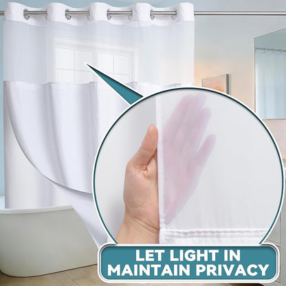 Conbo Mio Extra Long No Hook Waffle Weave Shower Curtain with Snap in Liner Set, Hotel Luxury White Shower Curtains for Bathroom with See Through Top Window, Waterproof, Washable 71W x 84H