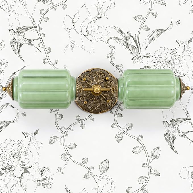 Vintage Milk Glass Bathroom Vanity Light, 2-Light Vintage Wall Sconce with Antique Brass Finish Base & Green Glass Shad, Wall Sconce Lighting for Mirror, Living Room, Gallery (Bulbs Included)