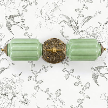 Vintage Milk Glass Bathroom Vanity Light, 2-Light Vintage Wall Sconce with Antique Brass Finish Base & Green Glass Shad, Wall Sconce Lighting for Mirror, Living Room, Gallery (Bulbs Included)