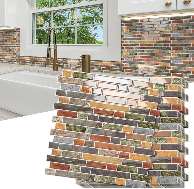 10 Sheets Thick Peel and Stick Kitchen Backsplash Tiles | 3D Waterproof Self Adhesive Wall Tile Stick on Backsplash for Kitchen,Bathroom and Fireplace(Colorful,12"×12")