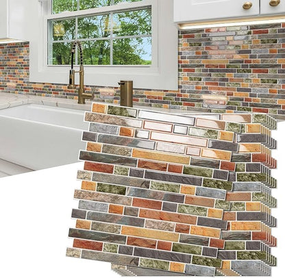 10 Sheets Thick Peel and Stick Kitchen Backsplash Tiles | 3D Waterproof Self Adhesive Wall Tile Stick on Backsplash for Kitchen,Bathroom and Fireplace(Colorful,12"×12")