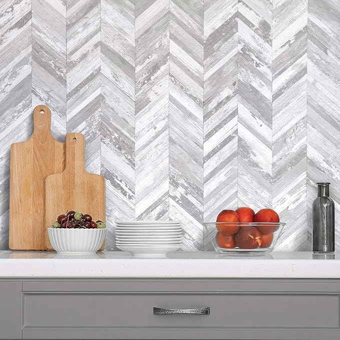 DICOFUN Herringbone Peel and Stick Backsplash, Vintage White Wood Look PVC Stick on Backsplash for Kitchen and Bathroom, 1 Sheet