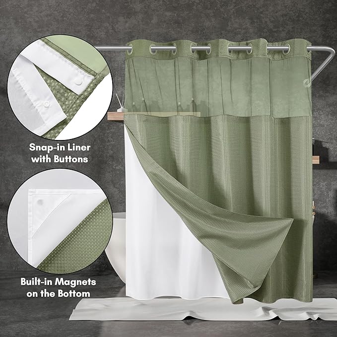 Americanflat 72x75 Hookless Waffle Pattern Shower Curtain - Water-Resistant Long Shower Curtain with Sheer Panel, Snap-in Liner, and Durable Grommets - 100% Polyester - Green