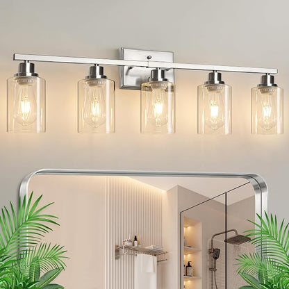 Ascher 5-Light Bathroom Light Fixtures, Modern Brushed Nickel Vanity Lights Over Mirror, Wall Lights with Clear Glass Shades for Hallway, Cabinet, Porch, Bedroom