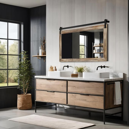 COGOOD Farmhouse Bathroom Mirrors for Over Sink - 26 x 41 Striped Brown | Rustic Barn Door Wood Framed Vanity Mirror for Entryway, Living Room, Bedroom, Dresser Wall Decor
