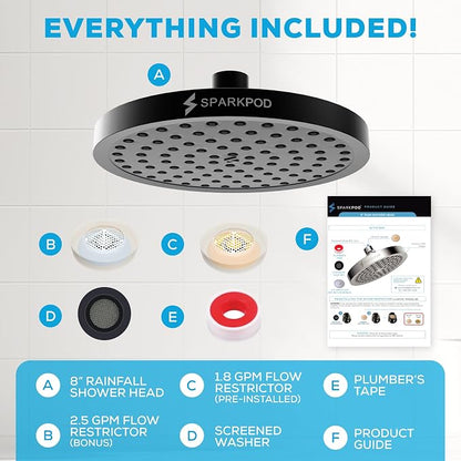 SparkPod Rain Shower Head, 8 Inch Round, Midnight Black Matte Finish | High Pressure Shower Heads, 90 Nozzles, Adjustable Showerhead, No Tools Needed, Universal Connection