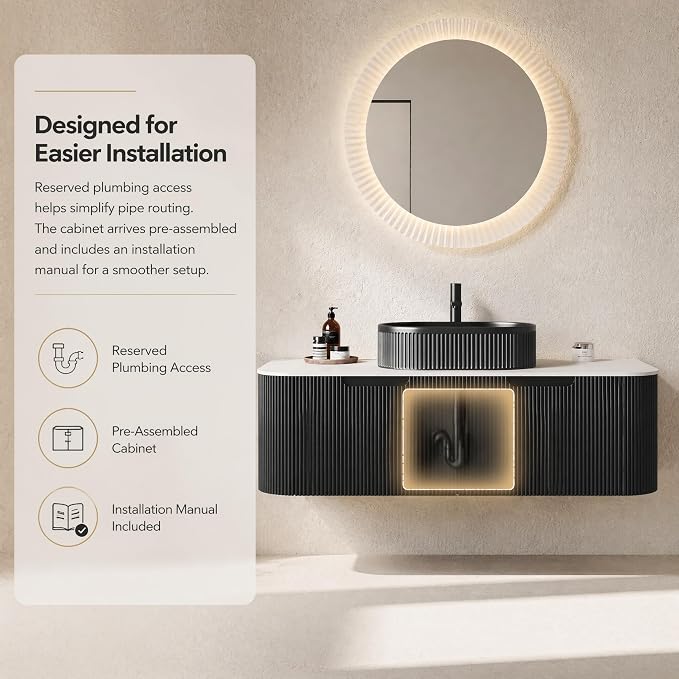 48 Inch Bathroom Vanity with Sink, Floating Wall Mounted Single Sink Vanity, Black Curved Fluted Front, Stone Top, Black Textured Oval Vessel Basin, Pre-Assembled
