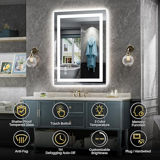 20x28 Inch LED Bathroom Mirror with Lights, Backlit & Front Lit, Anti-Fog Lighted Bathroom Vanity Mirror for Wall, Memory Function, Dimmable, HD Tempered Glass, Shatter-Proof