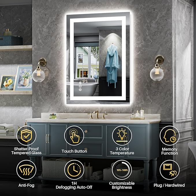 24x30 Inch LED Bathroom Mirror with Lights, Backlit & Front Lit, Anti-Fog Lighted Bathroom Vanity Mirror for Wall, Memory Function, Dimmable, HD Tempered Glass, Shatter-Proof
