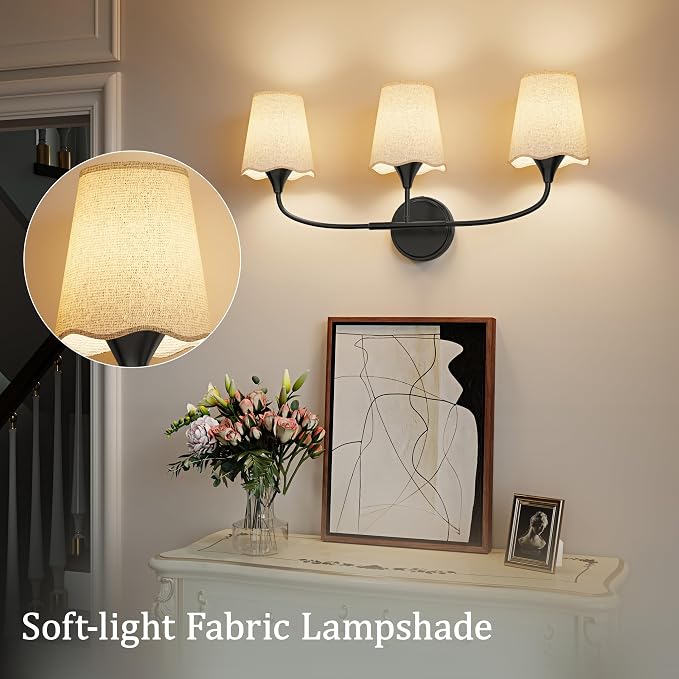 Morauroral Bathroom Light Fixtures Over Mirror, 3 Light Vanity Light for Bathroom, Black Vanity Light Fixtures with Fabric Linen Shade, E26 Socket Sconce Wall Decor(ETL Listed)
