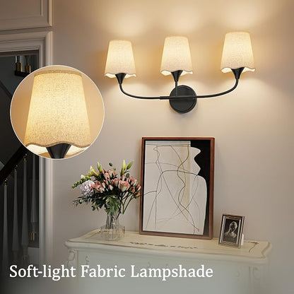 Morauroral Bathroom Light Fixtures Over Mirror, 3 Light Vanity Light for Bathroom, Black Vanity Light Fixtures with Fabric Linen Shade, E26 Socket Sconce Wall Decor(ETL Listed)