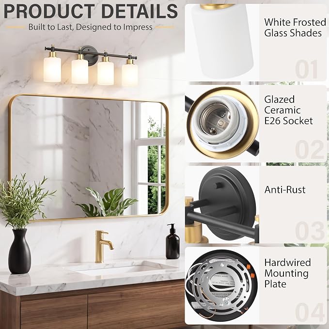 4 Light Bathroom Vanity Light Fixture Over Mirror, Black and Gold, 23'' | Vanity Lights for Bathroom, Bedroom, Living Room, White Frosted Glass Shades, Modern, E26(Bulbs Not Included)